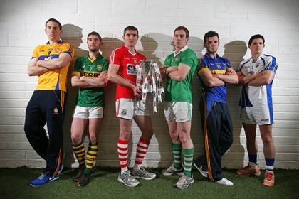 At the launch of the 2013 Munster Senior Football Championship are, l/r: Clare captain Gary Brennan, Kerry's Killian Young, Cork captain Graham Canty, Limerick captain Seanie Buckley, Tipperary captain Paddy Codd and Waterford's Tony Grey ©INPHO/Cathal Noonan